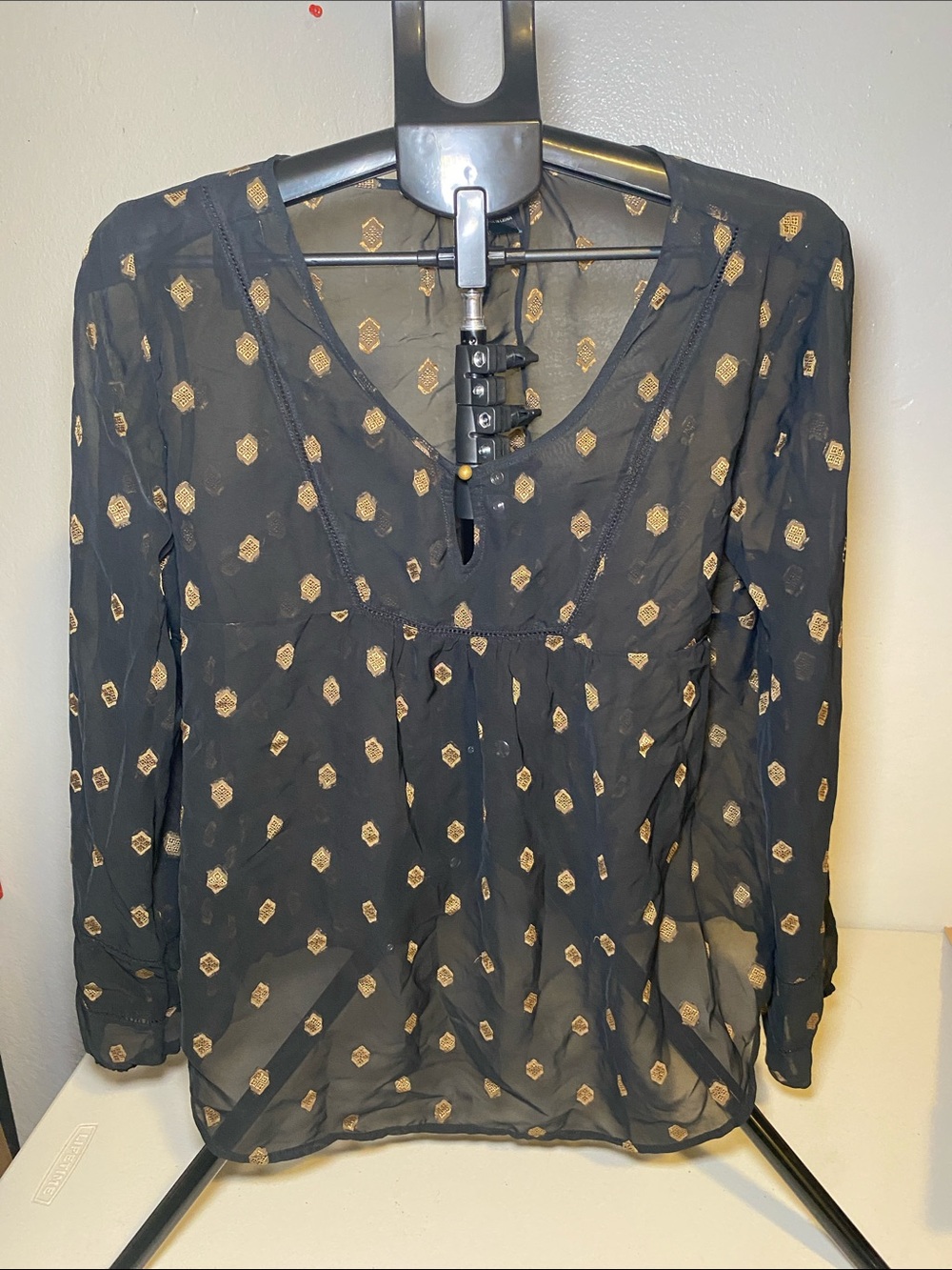Lucky Brand Black Sheer Blouse with Gold Metallic Motif